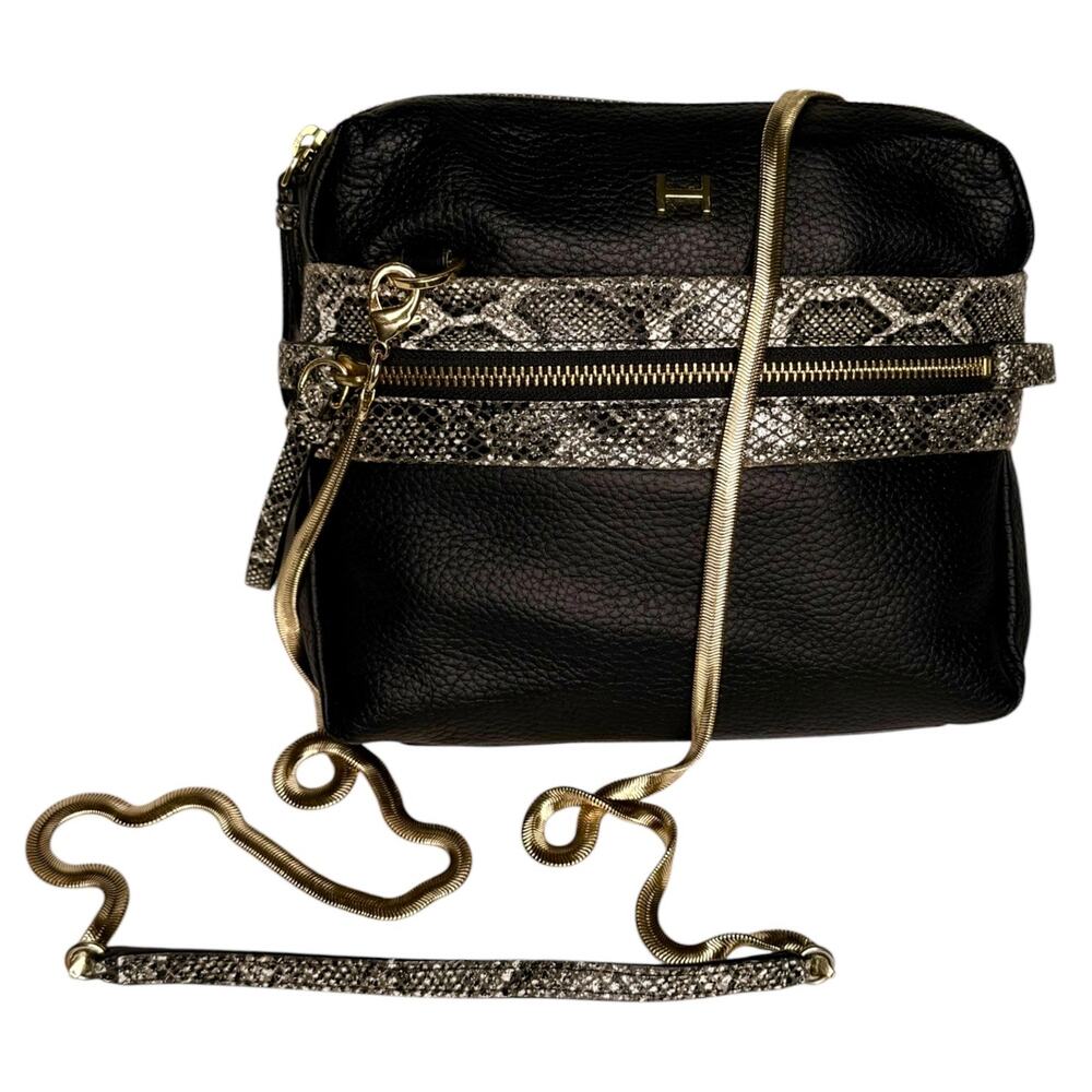 Halston Handbag Black Leather Snakeskin Detail Crossbody Purse Gold Chain Strap